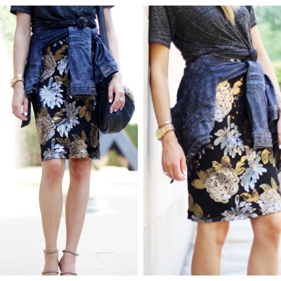 J.O.A. Floral Sequin Pencil Skirt - Picture 2 of 8